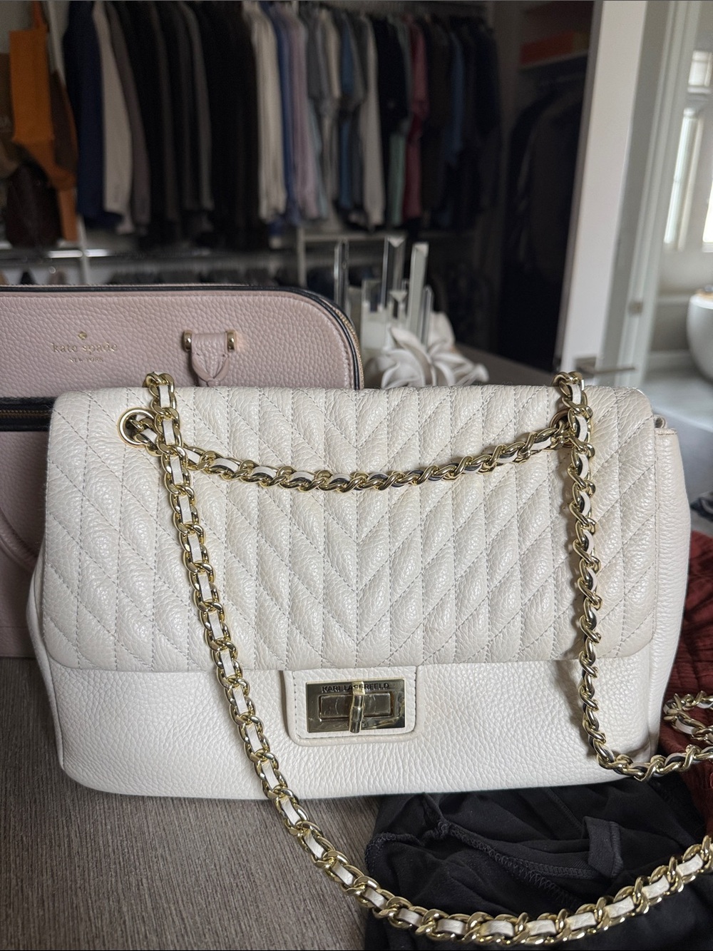 Karl lagerfeld Ivory Quilted Shoulder Bag with Gold Chain
